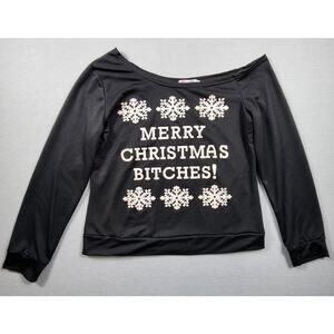 Merry Christmas Adult Shirt Long Sleeve Cropped Sweater Womens Size XL Black